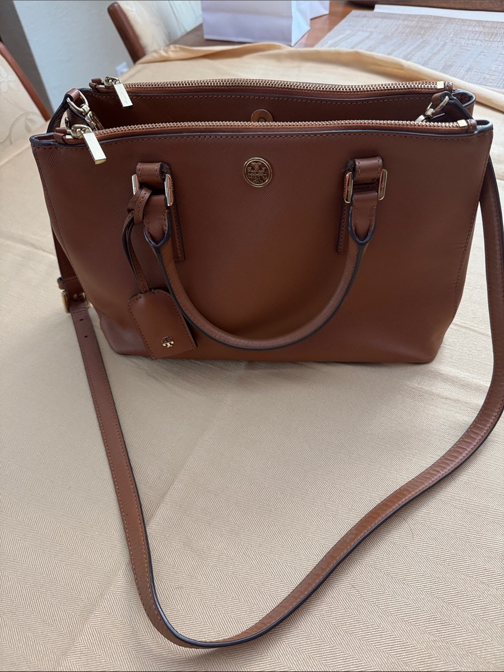 Tory Burch Chestnut Brown Leather Double-Zip Satchel